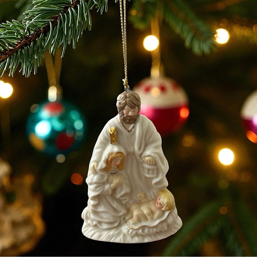 Vintage Christmas Holy Family Nativity Scene Porcelain Ceramic Hanging Ornament